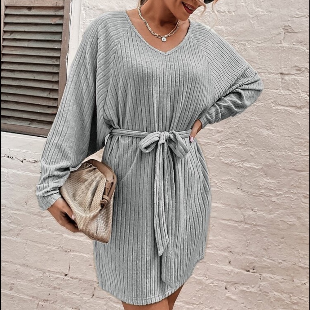 Comfy Relaxed Fit Long Sleeve Belted Tee Dress - Picture 3 of 13